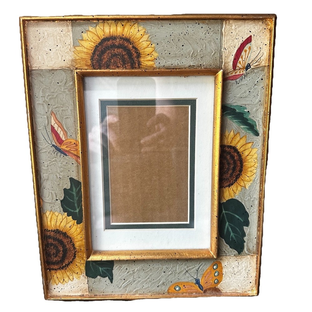 Vintage 90s Hand Painted 8"x10" Sunflower Butterfly Photo Frame Country Cottage